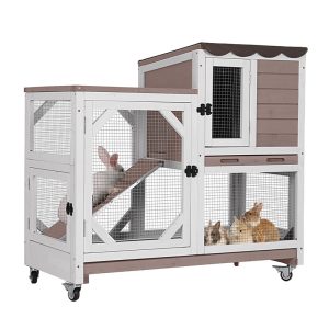 Aivituvin 2-Story Wooden Rabbit Hutch AIR7013, Rabbit House on Wheels
